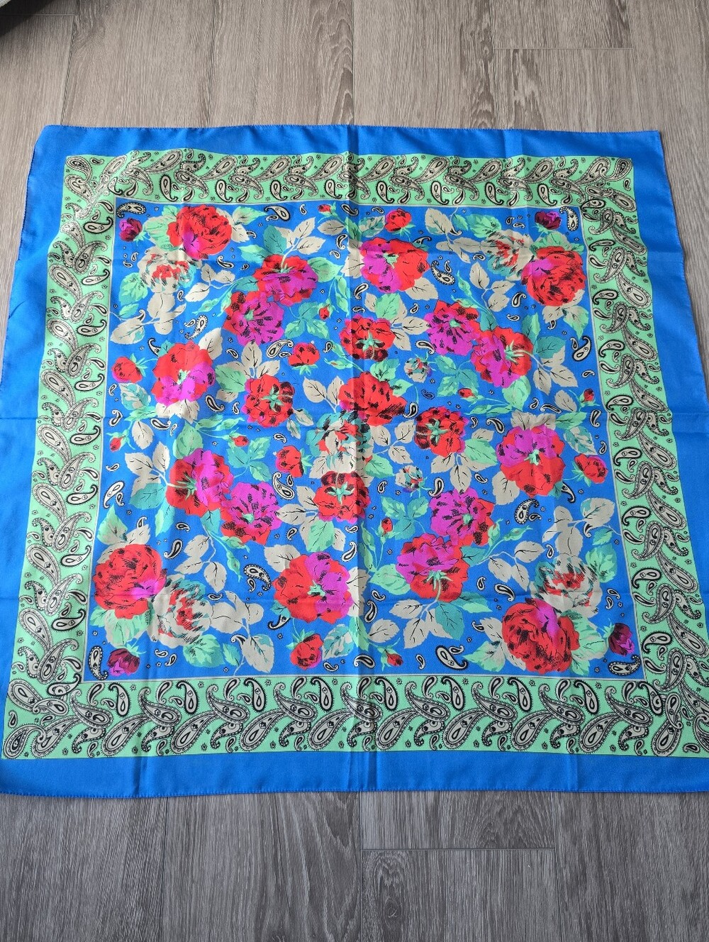 Vintage Glentex Italy Square Scarf Blue Green Red Rose Floral Paisley 31in Boho